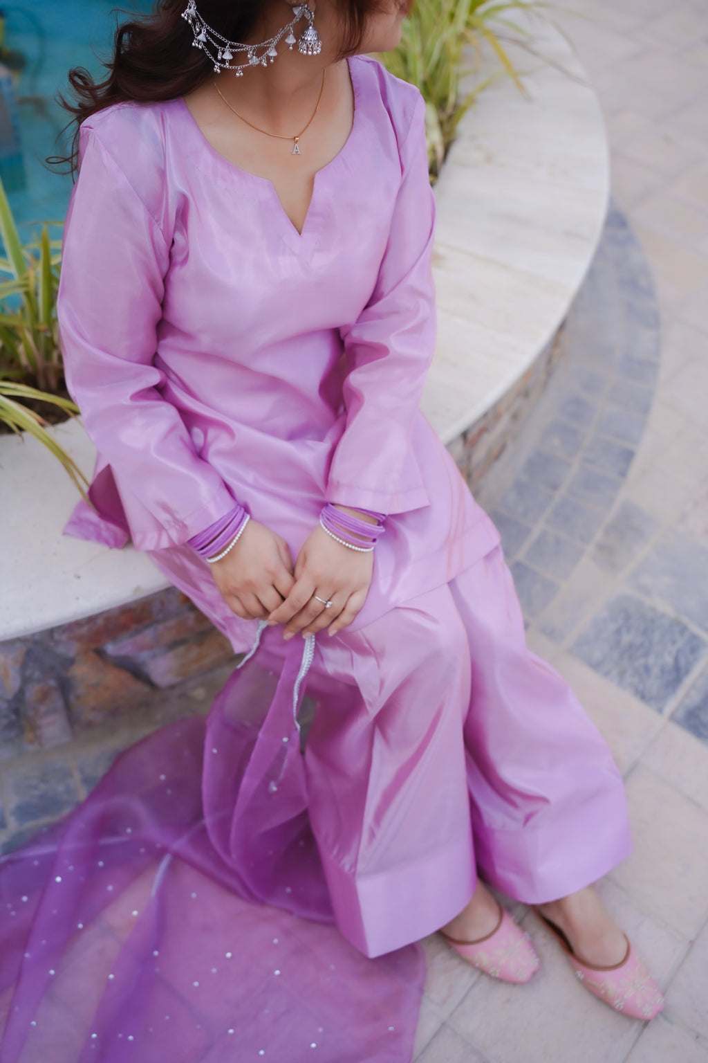 Rosy Glow – Sheesha Silk Kameez Shalwar Set with Rhinestone Organza Dupatta