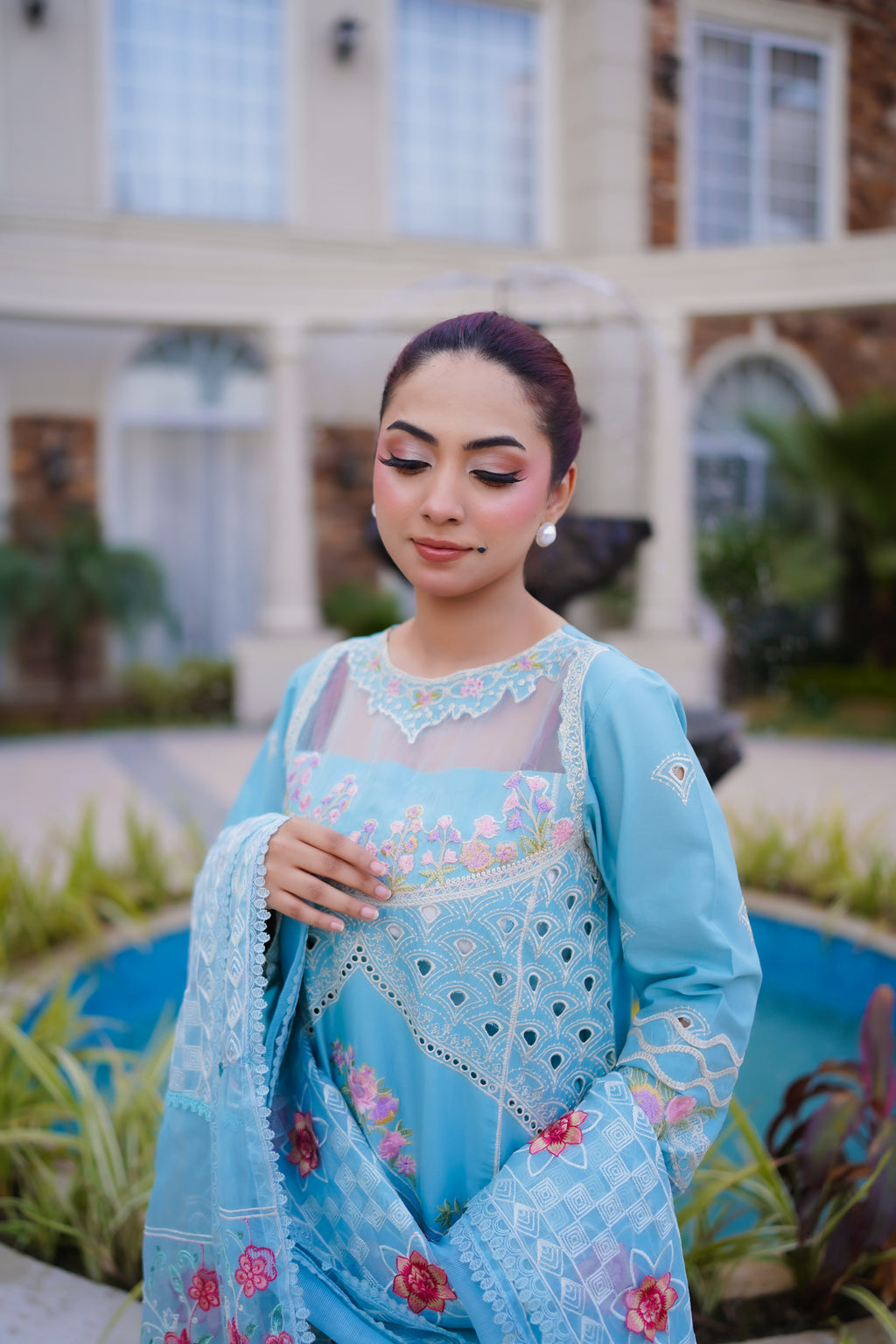 Sky Bloom – Sky Blue Embroidered Eid Lawn Suit with Dupatta
