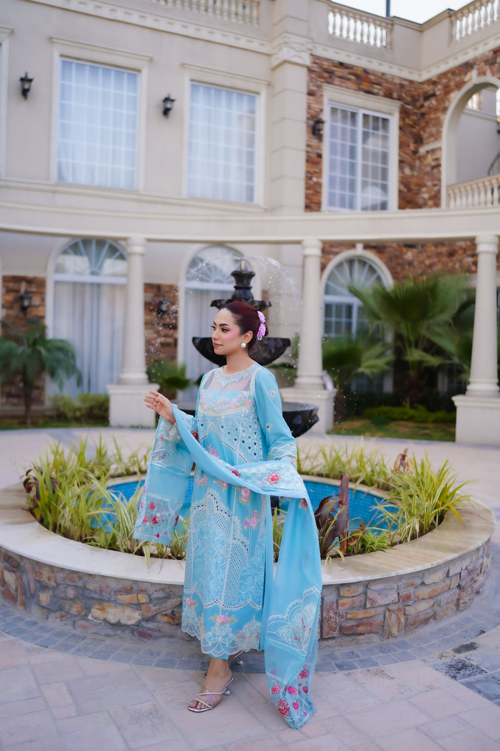 Sky Bloom – Sky Blue Embroidered Eid Lawn Suit with Dupatta