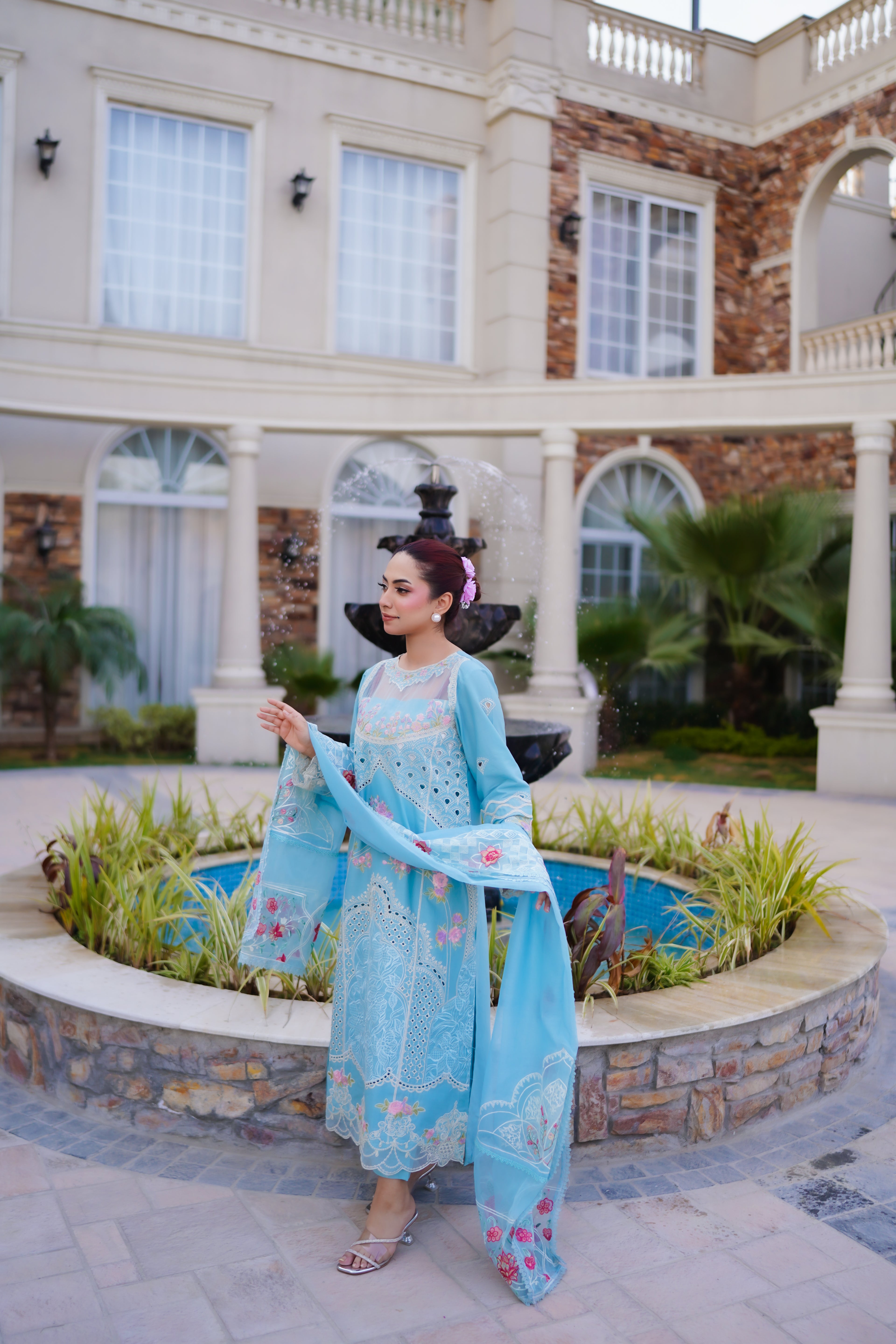 Sky Bloom – Sky Blue Embroidered Eid Lawn Suit with Dupatta